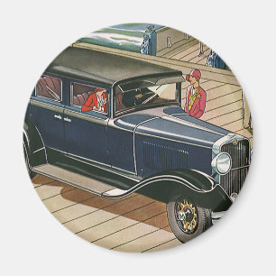 Vintage Transport, Auto am Dock am Ozean Magnet