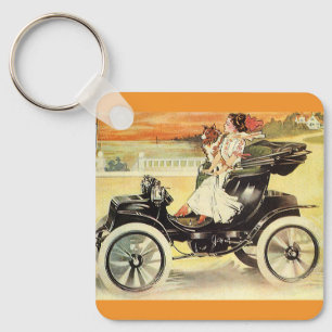 Vintage Transport, Frau in Cabrio Schlüsselanhänger
