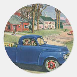 Vintage-Transport, klassischer blauer LKW Runder Aufkleber