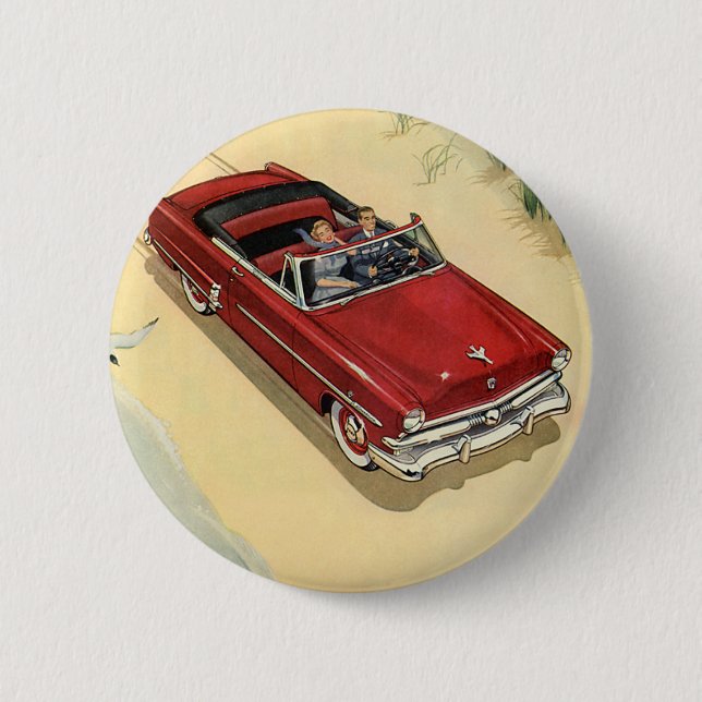 Vintage Transport, rotes Cabrio Auto am Strand Button (Vorderseite)