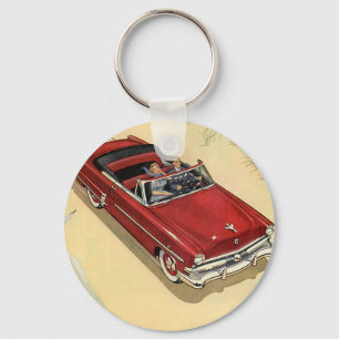 Vintage-Transportation, rotes Cabriolet am Strand Schlüsselanhänger