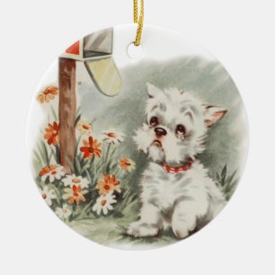 Vintage Trauriger Welpe wartet auf einen Brief Hun Keramik Ornament