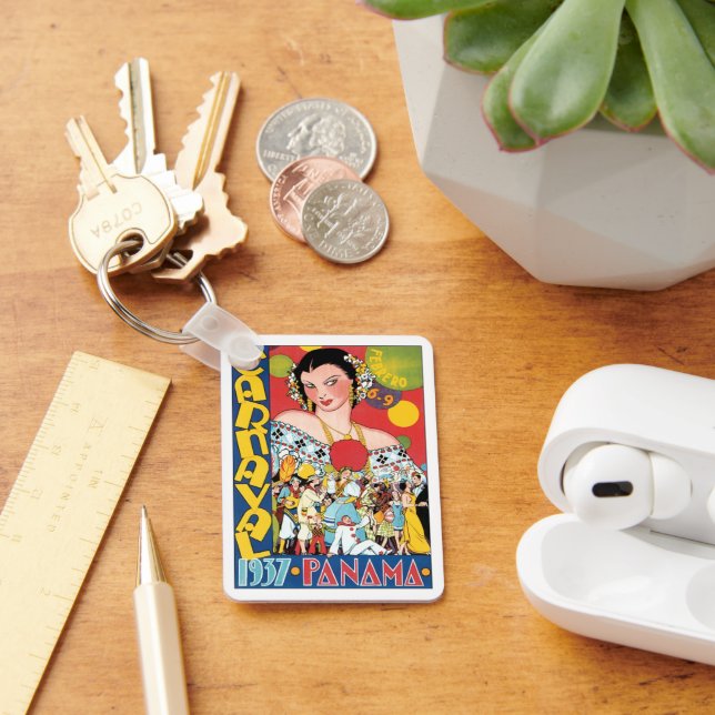 Vintage Travel 1937 Panama Karneval Party Frau Schlüsselanhänger (Schreibtisch)