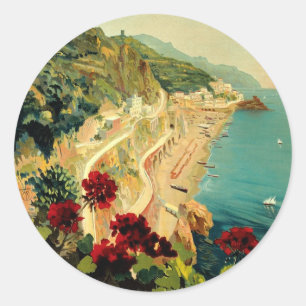 Vintage Travel, Amalfi Italienischer Küstenstrand Runder Aufkleber