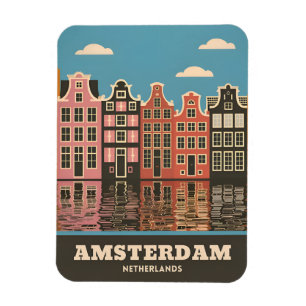 Vintage Travel Amsterdam Niederlande Canal Houses Magnet