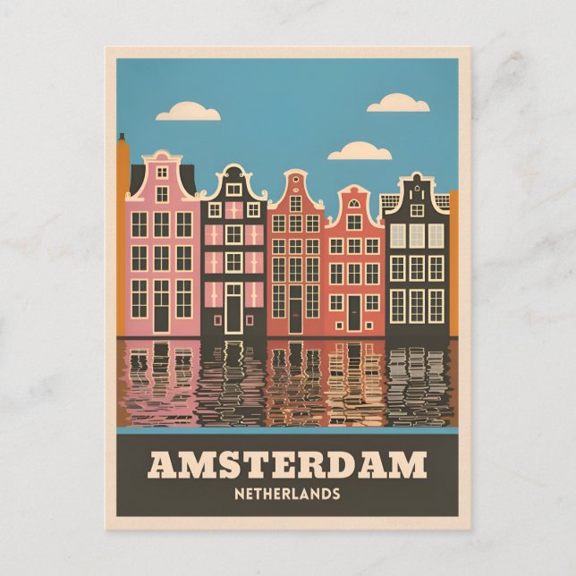 Vintage Travel Amsterdam Niederlande Canal Houses Postkarte (Vorderseite)