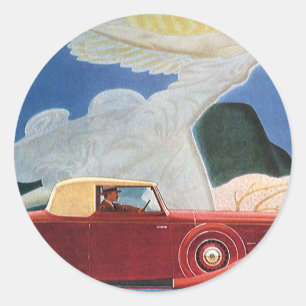 Vintage Travel, Antique Red Car mit Cloud Woman Runder Aufkleber