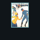 Vintage Travel, Art Deco, Winter Davos Schweiz Leinwanddruck<br><div class="desc">Vintage Illustrationswerbung,  europäisches Reiseplakat oder Gepäcklabel aus Davos,  Schweiz mit einem Liebe- und Romantik-Sportdesign mit Eis Skaten. Winter in Davos.</div>