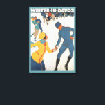 Vintage Travel, Art Deco, Winter Davos Schweiz Leinwanddruck<br><div class="desc">Vintage Illustrationswerbung,  europäisches Reiseplakat oder Gepäcklabel aus Davos,  Schweiz mit einem Liebe- und Romantik-Sportdesign mit Eis Skaten. Winter in Davos.</div>