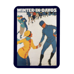 Vintage Travel, Art Deco, Winter Davos Schweiz Magnet
