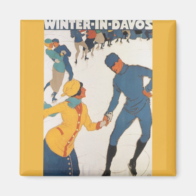 Vintage Travel, Art Deco, Winter Davos Schweiz Magnet (Vorne)