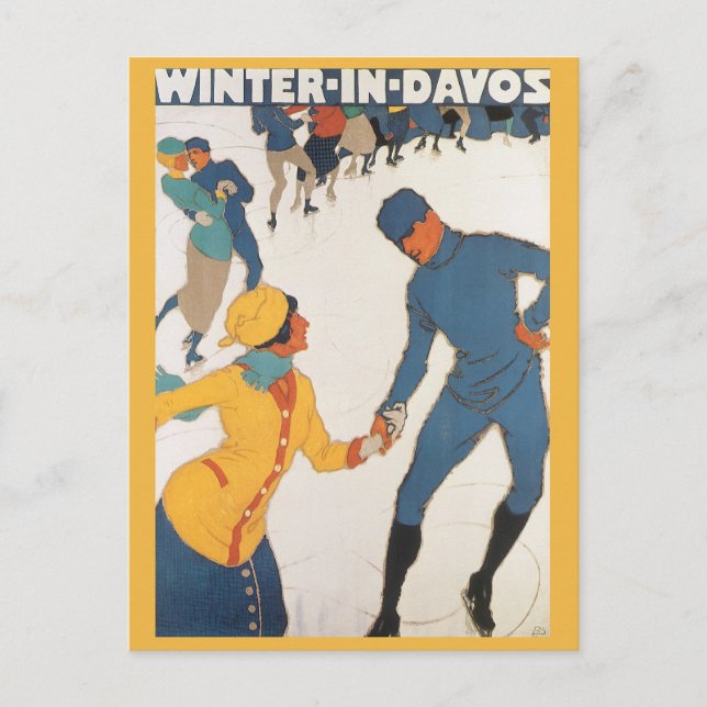 Vintage Travel, Art Deco, Winter Davos Schweiz Postkarte (Vorderseite)