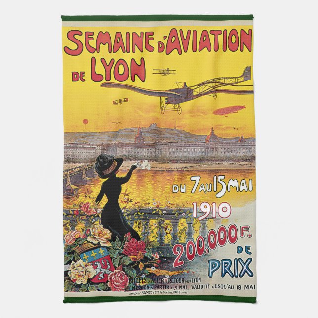 Vintage Travel, Aviation Airplanes, Lyon, Frankrei Geschirrtuch (Vertikal)
