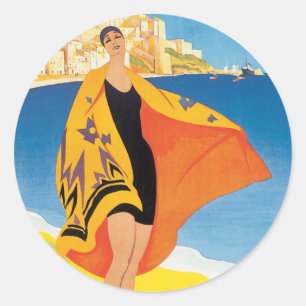 Vintage Travel, Beach Vacation at Calvi, Korsika Runder Aufkleber
