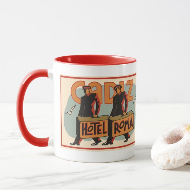Vintage Travel Bellhops Hotel Roma, Cadiz, Spanien Tasse (Mit Donut)