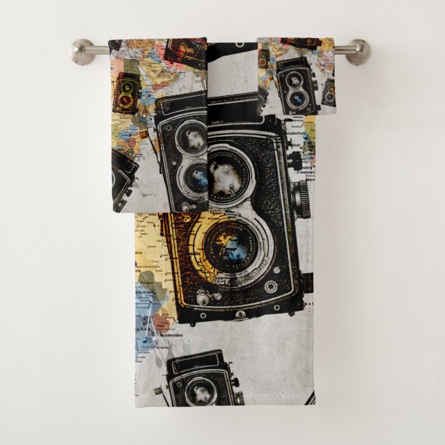 Vintage Travel Camera Muster Badhandtuch Set (Insitu)