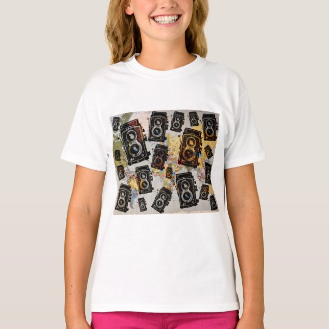 Vintage Travel Camera Muster T-Shirt (Vorderseite)