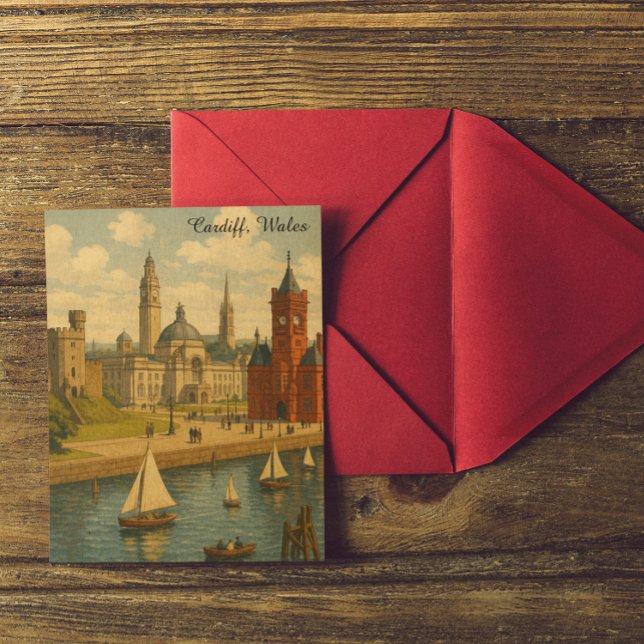 Vintage Travel Cardiff, Wales Sehenswürdigkeiten R Postkarte (Vintage Travel Cardiff, Wales Landmarks Retro Postcard)