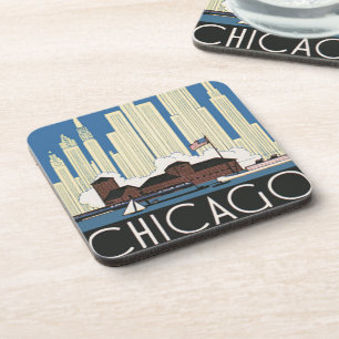 Vintage Travel Chicago Hat Alles Stadt-Silhouette Getränkeuntersetzer