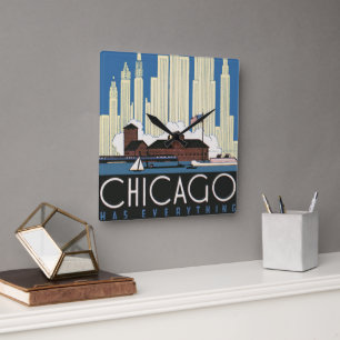 Vintage Travel Chicago hat alles, was City Skyline Quadratische Wanduhr
