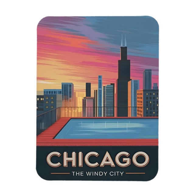 Vintage Travel Chicago Sunset Skyline City Magnet (Vertikal)