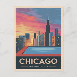 Vintage Travel Chicago Sunset Skyline City Postkarte