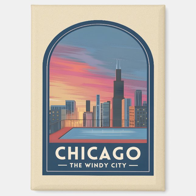 Vintage Travel Chicago Sunset Skyline Cityscape Magnet (Vorderseite)