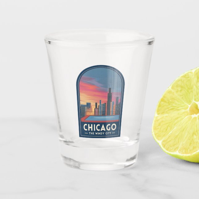 Vintage Travel Chicago Sunset Skyline Cityscape Schnapsglas (Vorderseite)