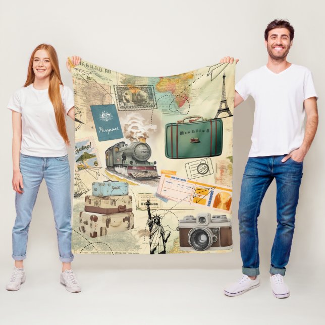 Vintage Travel Collage Fleecedecke (Beispiel)