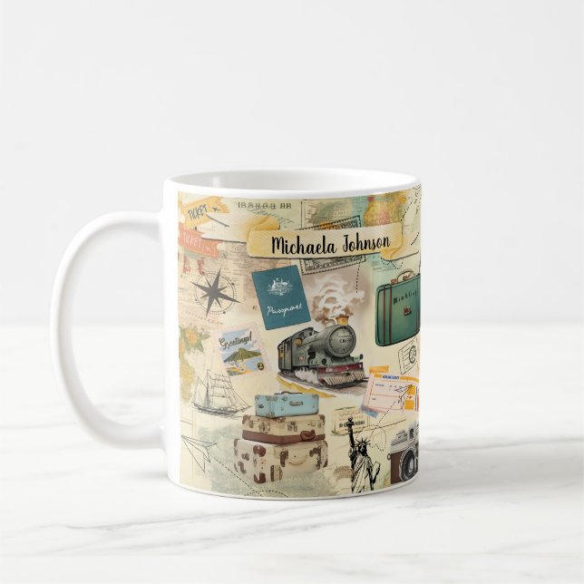 Vintage Travel Collage Name & Quote Kaffeetasse (Links)
