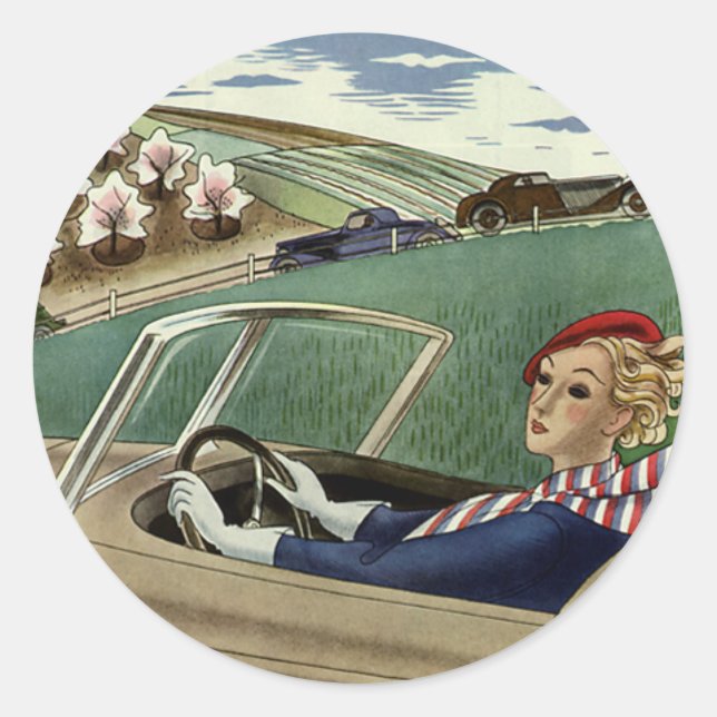 Vintage Travel, elegante Frau im Cabrio Runder Aufkleber (Vorderseite)