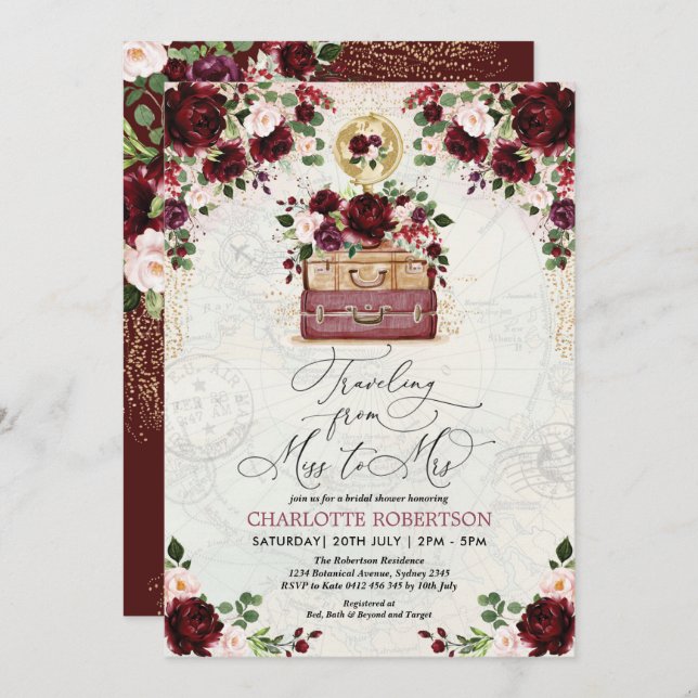 Vintage Travel Frau Burgundy Brautparty verpassen Einladung (Vorne/Hinten)