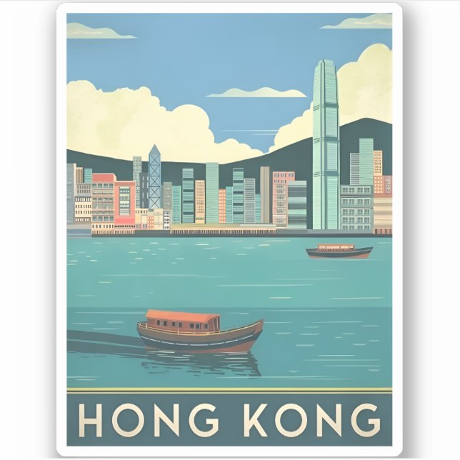 Vintage Travel Hong Kong China Retro Cityscape Aufkleber (Vorderseite)