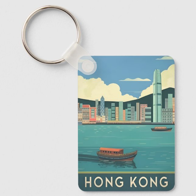 Vintage Travel Hong Kong China Retro Cityscape Schlüsselanhänger (Vorderseite)