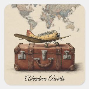 Vintage Travel Illustration mit Flugzeug Quadratischer Aufkleber