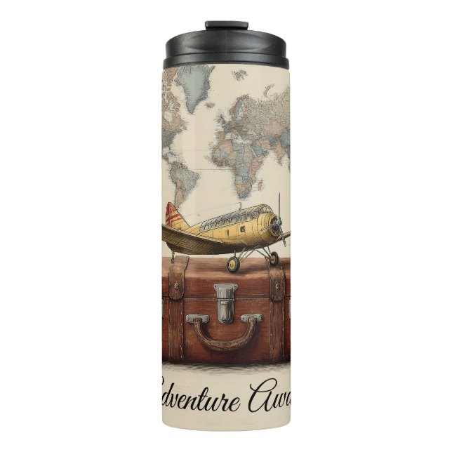 Vintage Travel Illustration mit Flugzeug Thermosbecher (Vorderseite)