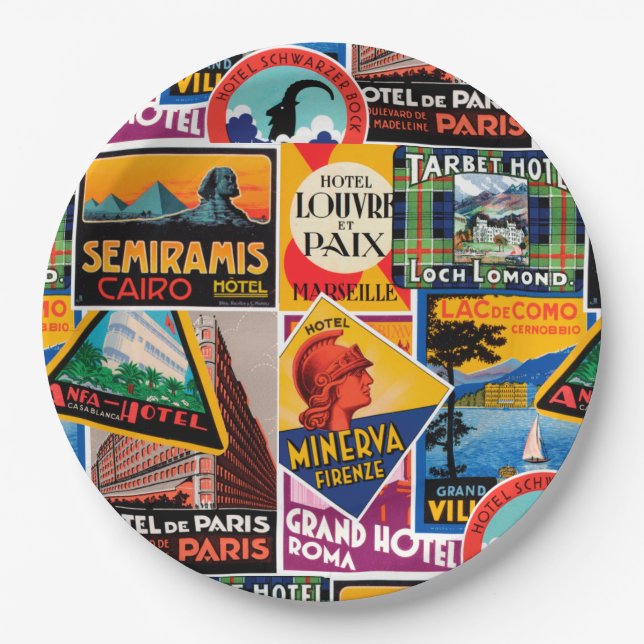 Vintage Travel Labels Pappteller (Vorderseite)