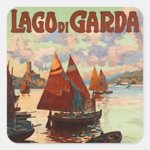 Vintage Travel, Lago di Garda, Gardasee, Italien Quadratischer Aufkleber