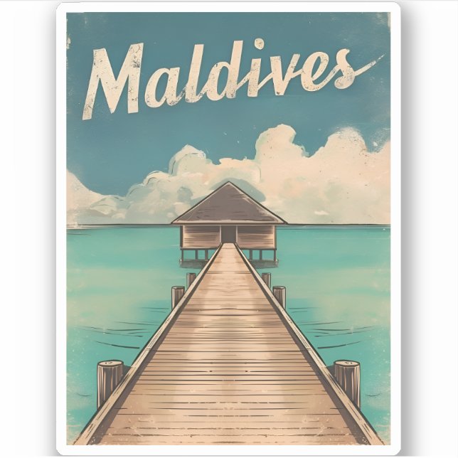 Vintage Travel Maldives Island Retro Landschaftlic Aufkleber (Vorderseite)
