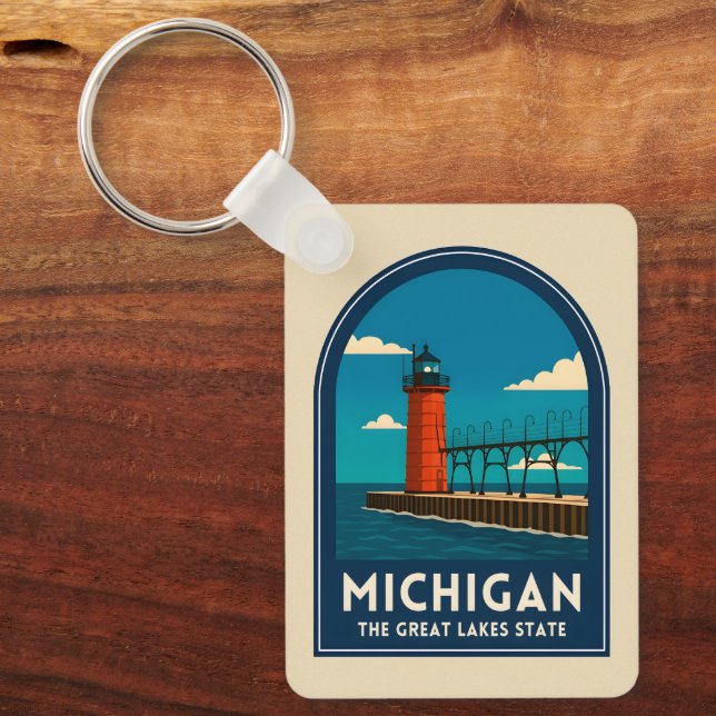 Vintage Travel Michigan Lighthouse Retro Scenic Schlüsselanhänger (Vorderseite)