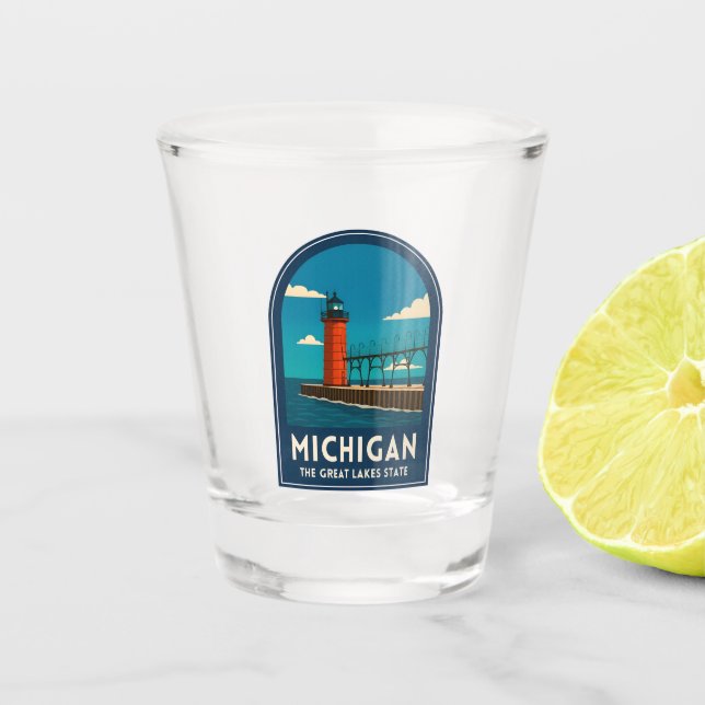 Vintage Travel Michigan Lighthouse Retro Scenic Schnapsglas (Vorderseite)