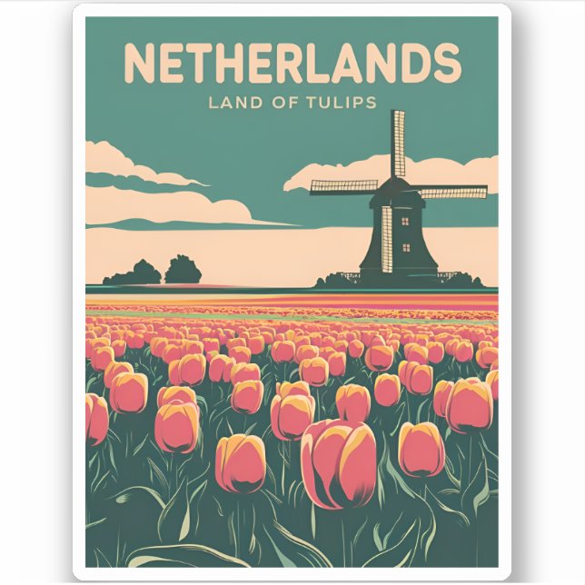 Vintage Travel Netherlands Tulips Retro Graphic Aufkleber (Vorderseite)
