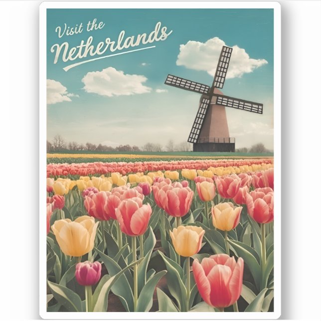 Vintage Travel Netherlands Tulips Retro Landschaft Aufkleber (Vorderseite)