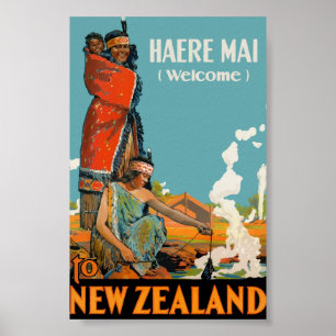 Vintage Travel Neuseeland Haere Mai Welcome Maori Poster