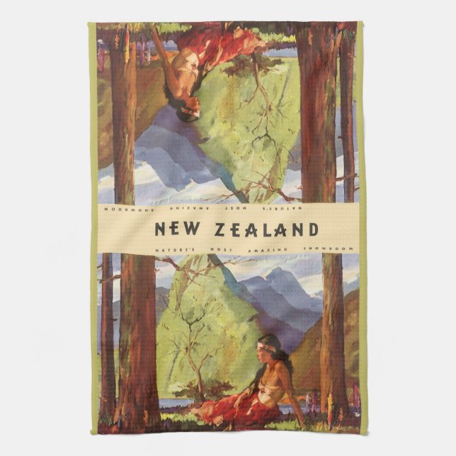 Vintage Travel, Neuseeland Landschaft Mutterfrau Geschirrtuch (Vertikal)