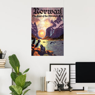 Vintage Travel, Norwegen Fjord Land Midnight Sun Poster