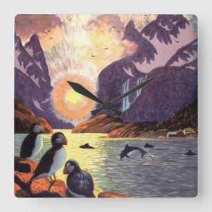 Vintage Travel, Norwegen Fjord Land Midnight Sun Quadratische Wanduhr