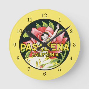 Vintage Travel, Pasadena California, Lady und Rose Runde Wanduhr