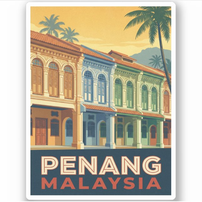 Vintage Travel Penang Malaysia Retro Scenic Aufkleber (Vorderseite)