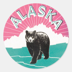 Vintage Travel Poster, Alaska Schwarzer Bär im Sch Runder Aufkleber